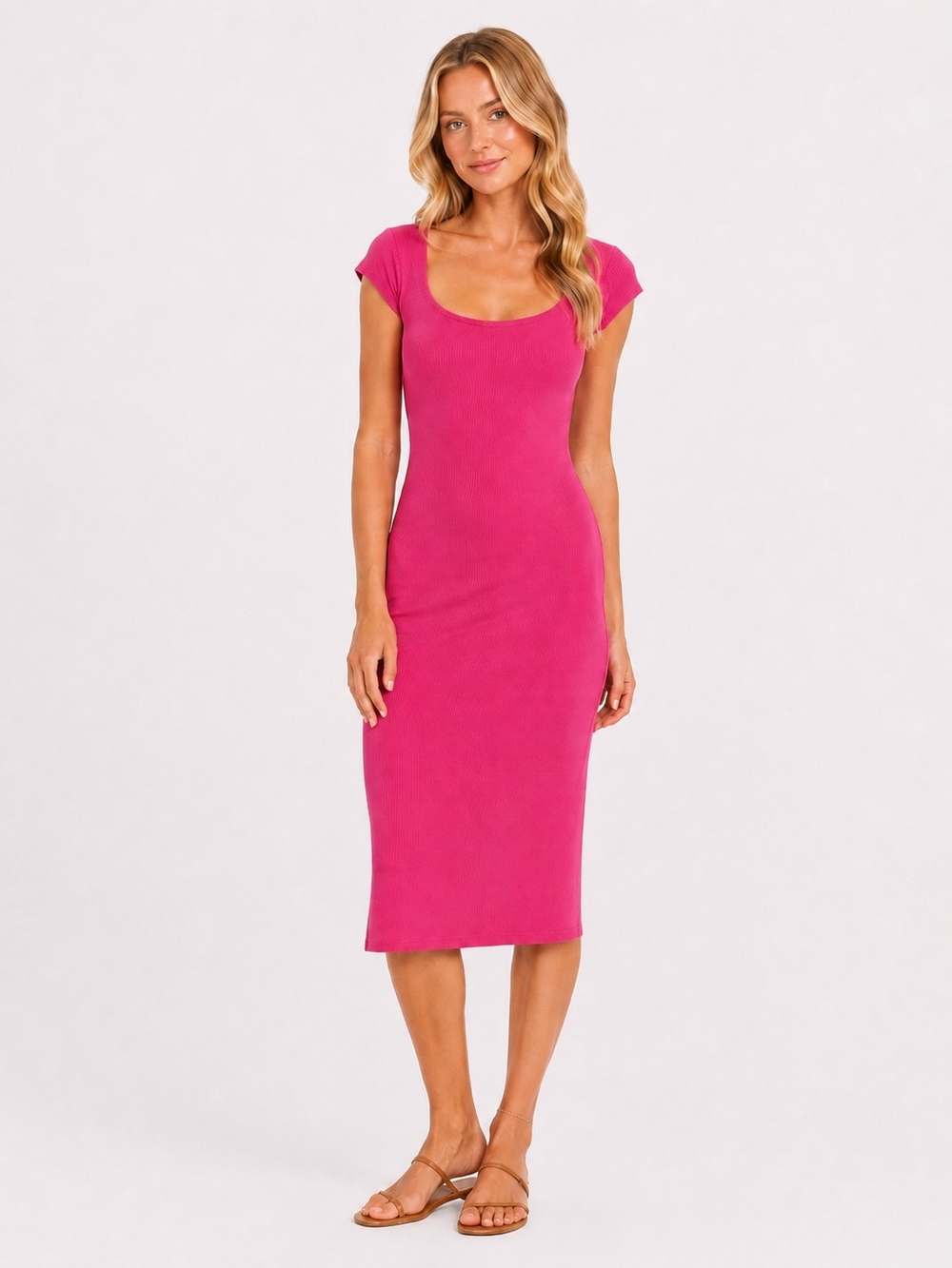 See You Monday Hot Pink Scoop-Neck Cap Sleeve Midi Dress